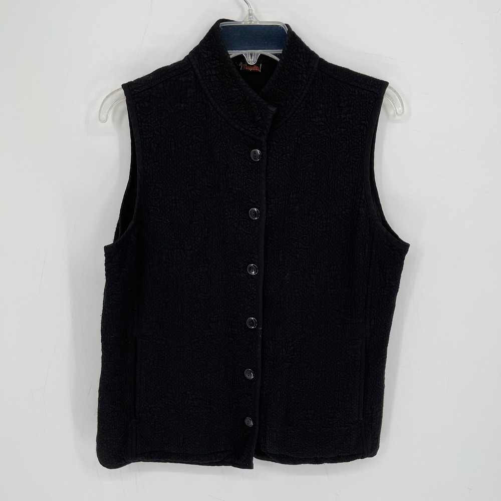 Tianello Women's Y2K Black Textured Paisley Quilted Button Front Vest Size S
